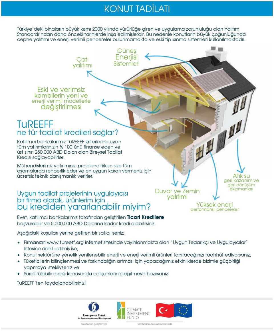 Çatı yalıtımı Güneş Enerjisi Sistemleri Eski ve verimsiz kombilerin yeni ve enerji verimli modellerle değiştirilmesi TuREEFF ne tür tadilat kredileri sağlar?