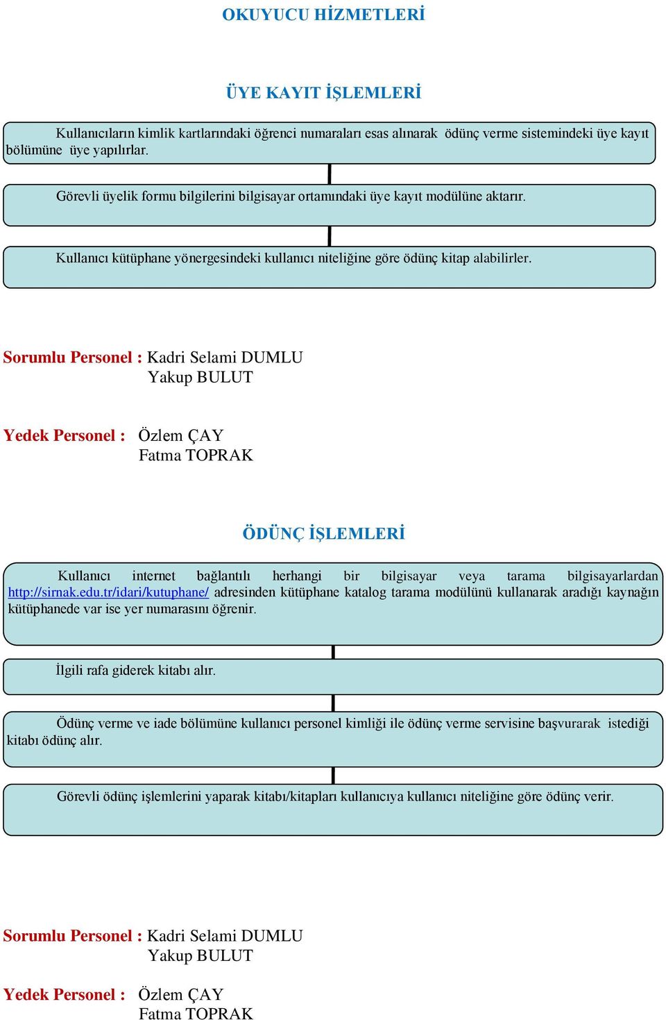 Sorumlu Personel : Kadri Selami DUMLU Yakup BULUT Yedek Personel : Fatma TOPRAK ÖDÜNÇ İŞLEMLERİ Kullanıcı internet bağlantılı herhangi bir bilgisayar veya tarama bilgisayarlardan http://sirnak.edu.