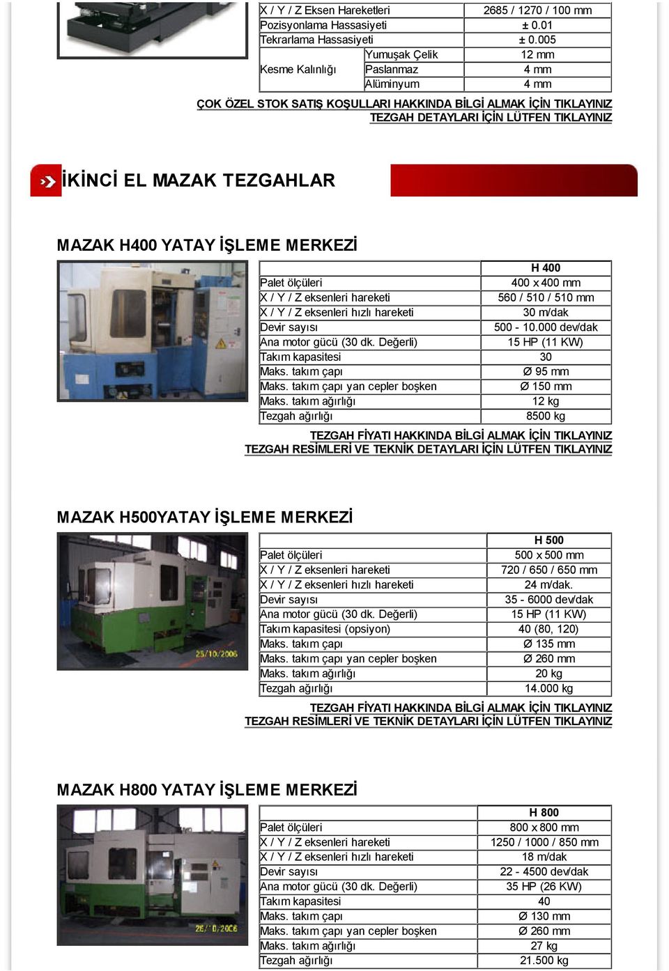 000 dev/dak Takım kapasitesi 30 Ø 95 mm yan cepler boşken Ø 150 mm 12 kg 8500 kg MAZAK H500YATAY ĐŞLEME MERKEZĐ H 500 500 x 500 mm 720 / 650 / 650 mm 24 m/dak.