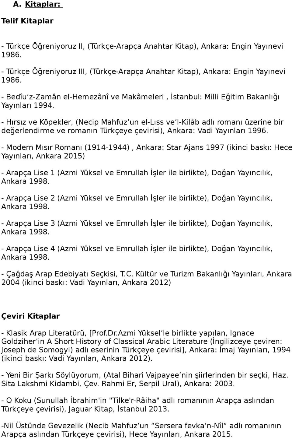 - Hırsız ve Köpekler, (Necip Mahfuz un el-lıss ve l-kilâb adlı romanı üzerine bir değerlendirme ve romanın Türkçeye çevirisi), Ankara: Vadi Yayınları 1996.