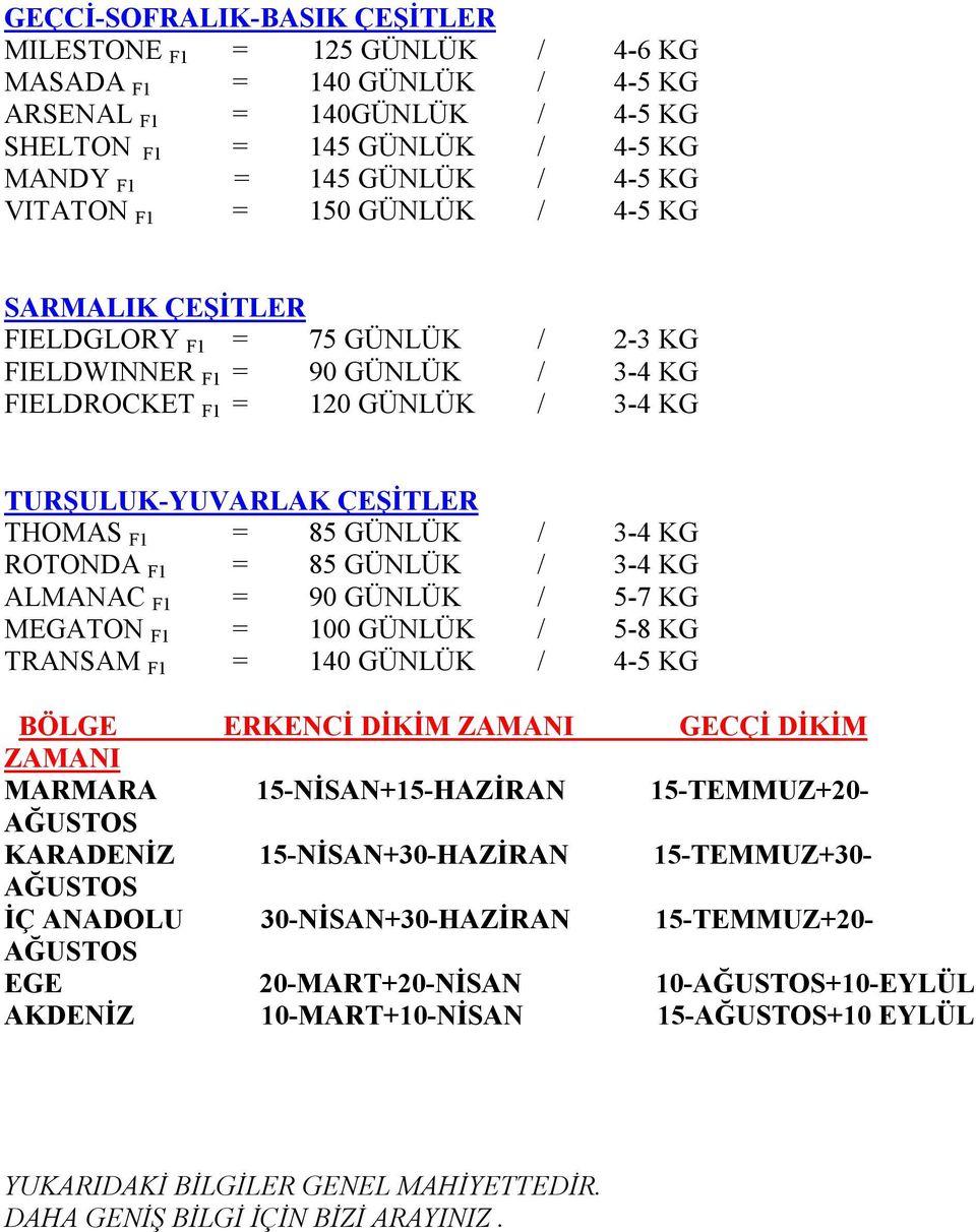 85 GÜNLÜK / 3-4 KG ROTONDA F1 = 85 GÜNLÜK / 3-4 KG ALMANAC F1 = 90 GÜNLÜK / 5-7 KG MEGATON F1 = 100 GÜNLÜK / 5-8 KG TRANSAM F1 = 140 GÜNLÜK / 4-5 KG BÖLGE ERKENCİ DİKİM ZAMANI GECÇİ DİKİM ZAMANI