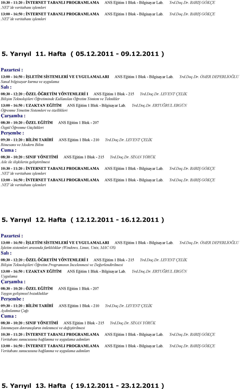 2011-09.12.2011 ) 13:00-16:50 : İŞLETİM SİSTEMLERİ VE UYGULAMALARI ANS Eğitim 1 Blok - Bilgisayar Lab. Yrd.Doç.Dr.