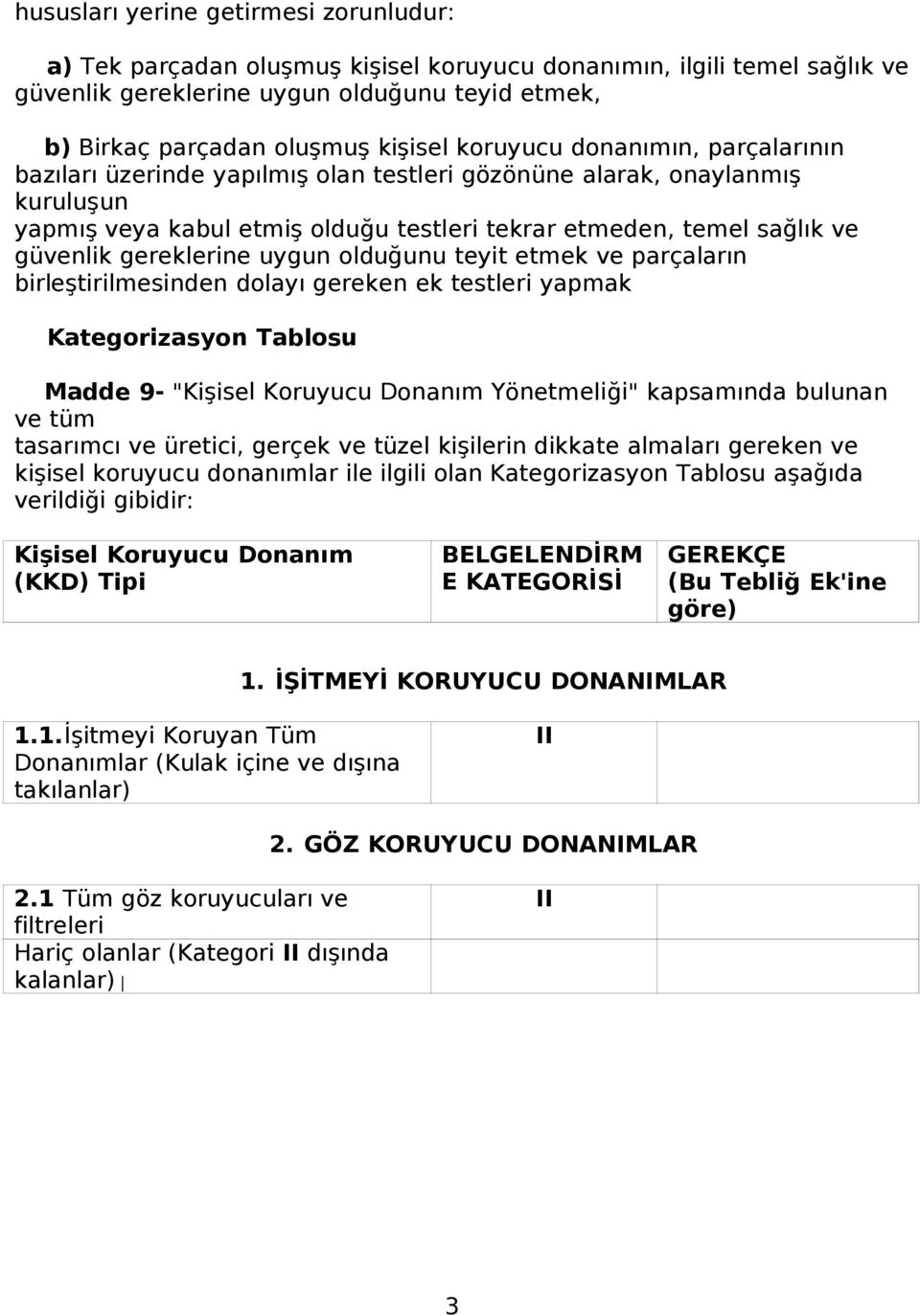 gereklerine uygun olduğunu teyit etmek ve parçaların birleştirilmesinden dolayı gereken ek testleri yapmak Kategorizasyon Tablosu Madde 9- "Kişisel Koruyucu Donanım Yönetmeliği" kapsamında bulunan ve