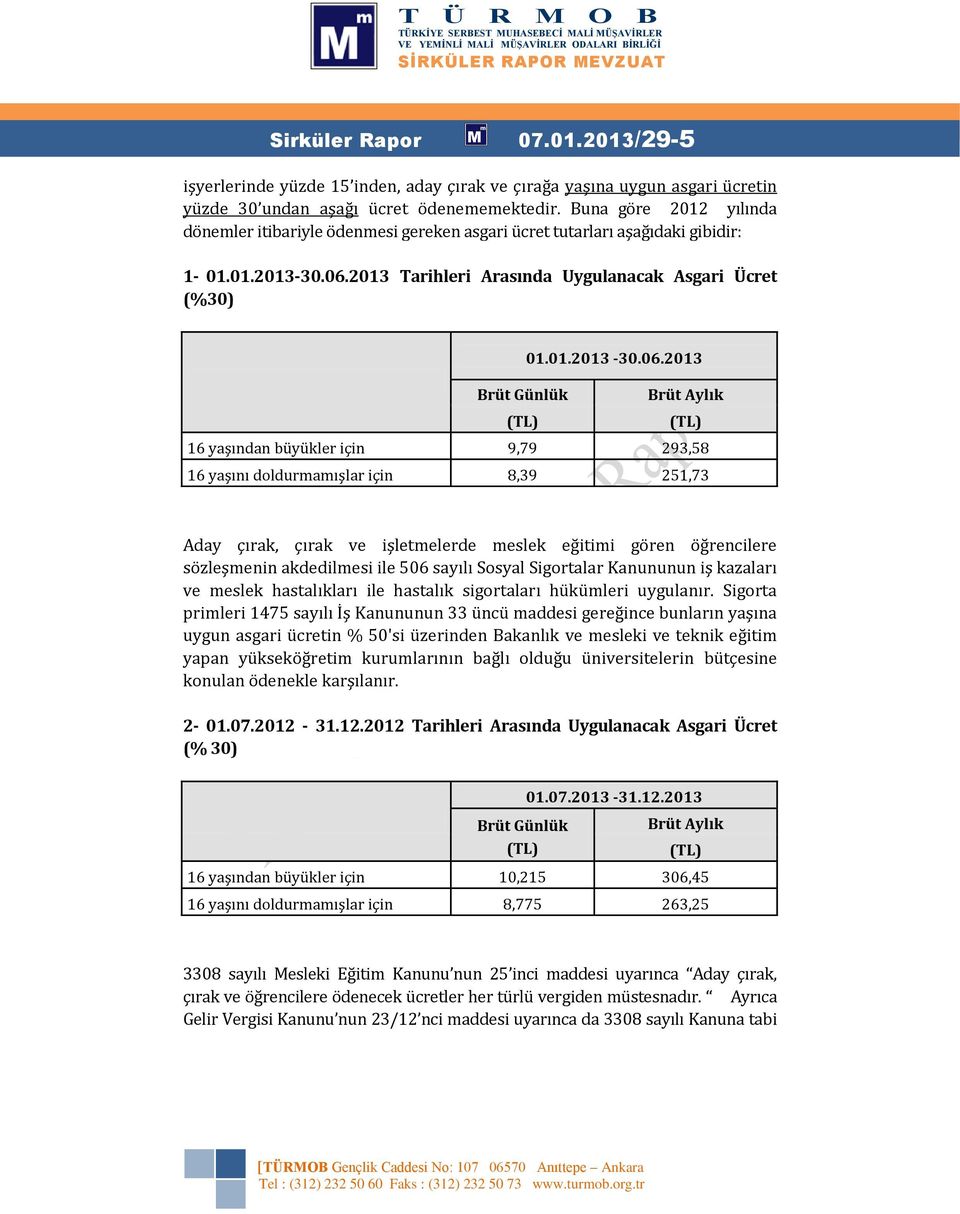 2013 Tarihleri Arasında Uygulanacak Asgari Ücret (%30) 01.01.2013-30.06.