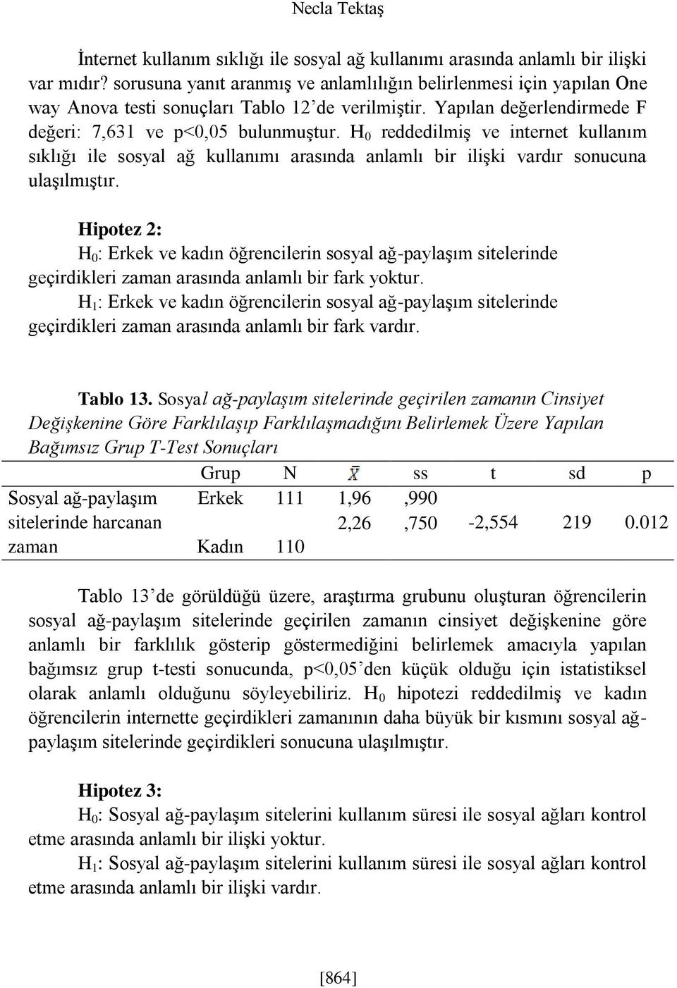 H 0 reddedilmiş ve internet kullanım sıklığı ile sosyal ağ kullanımı arasında anlamlı bir ilişki vardır sonucuna ulaşılmıştır.