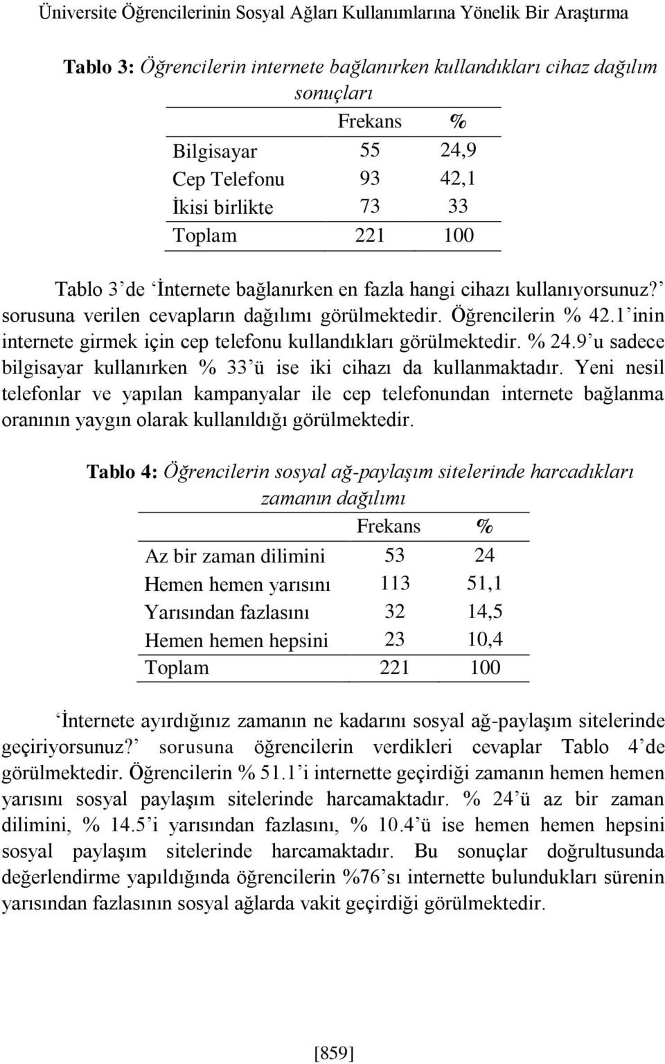 1 inin internete girmek için cep telefonu kullandıkları görülmektedir. % 24.9 u sadece bilgisayar kullanırken % 33 ü ise iki cihazı da kullanmaktadır.