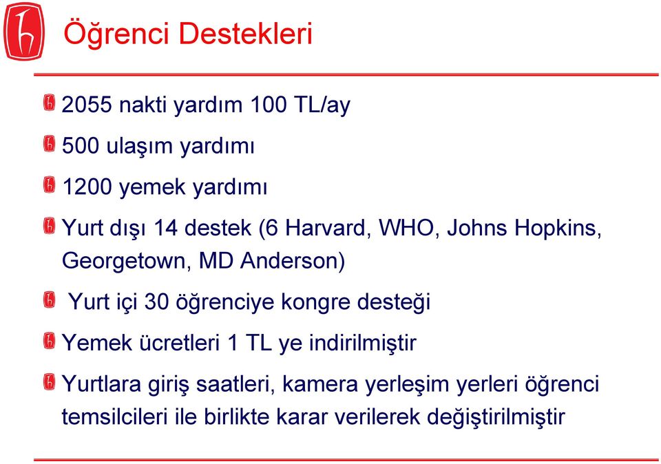 30 öğrenciye kongre desteği Yemek ücretleri 1 TL ye indirilmiştir Yurtlara giriş