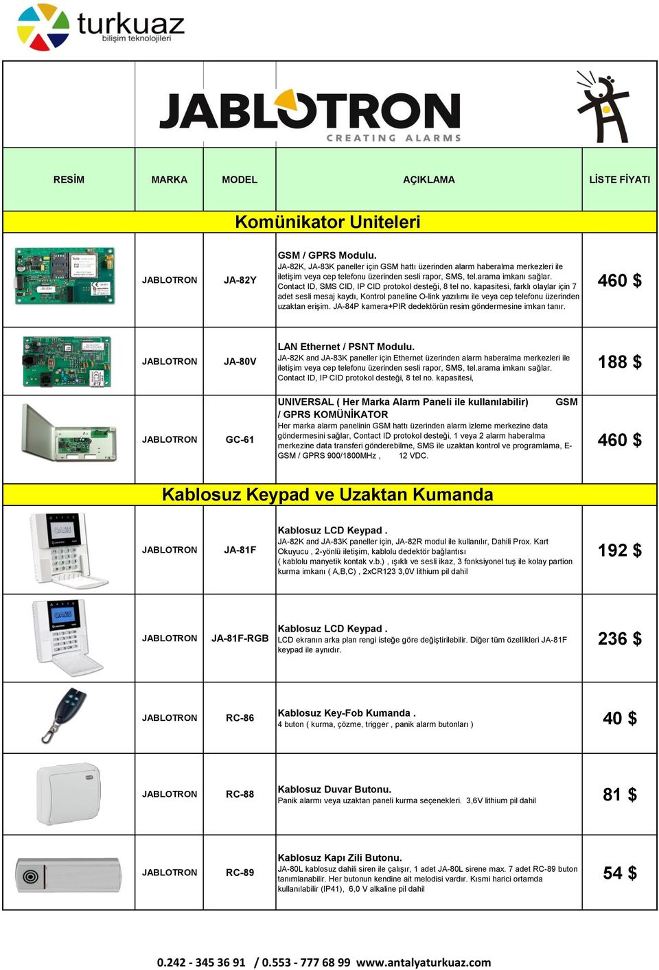 kapasitesi, farklı olaylar için 7 adet sesli mesaj kaydı, Kontrol paneline O-link yazılımı ile veya cep telefonu üzerinden uzaktan erişim. JA-84P kamera+pir dedektörün resim göndermesine imkan tanır.