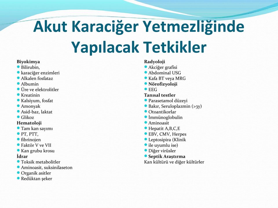 Organik asitler Redüktan şeker Radyoloji Akciğer grafisi Abdominal USG Kafa BT veya MRG Nörofizyoloji EEG Tanısal testler Parasetamol düzeyi Bakır, Seruloplazmin