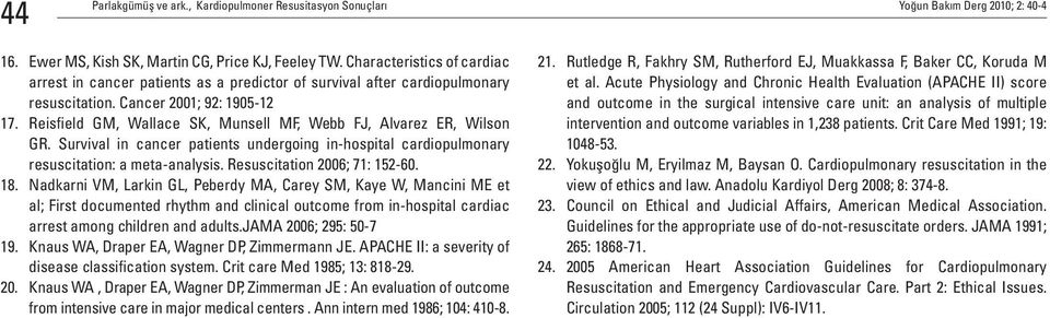 Reisfield GM, Wallace SK, Munsell MF, Webb FJ, Alvarez ER, Wilson GR. Survival in cancer patients undergoing in-hospital cardiopulmonary resuscitation: a meta-analysis. Resuscitation 2006; 71: 152-60.