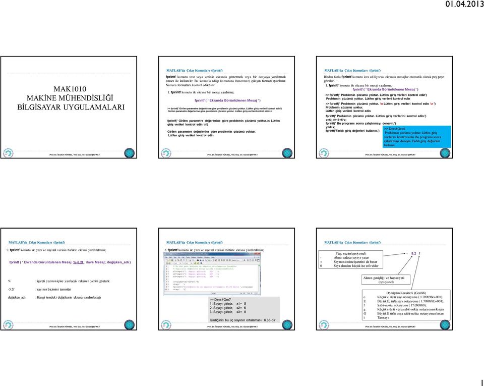 fprintf komutu ile ekrana bir mesaj yazdırma; fprintf ( Ekranda Görüntülenen Mesaj ) >> fprintf(' Girilen parametre değerlerine göre problemin çözümü yoktur.