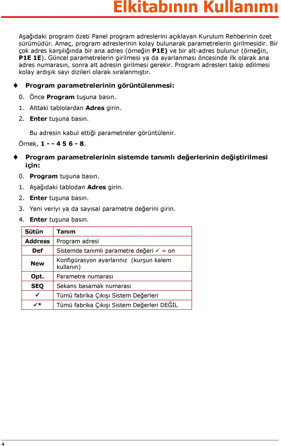 Güncel parametrelerin girilmesi ya da ayarlanması öncesinde ilk olarak ana adres numarasın, sonra alt adresin girilmesi gerekir.