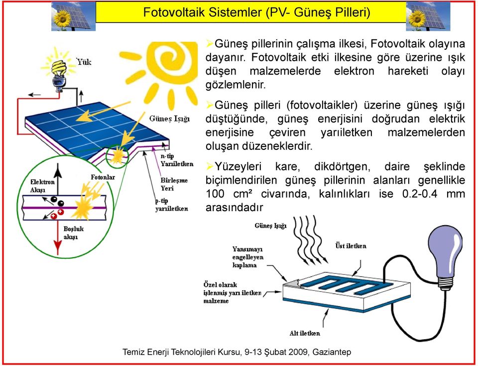 Güneş pilleri (fotovoltaikler) üzerine güneş ışığı düştüğünde, güneş enerjisini doğrudan elektrik enerjisine çeviren yarıiletken