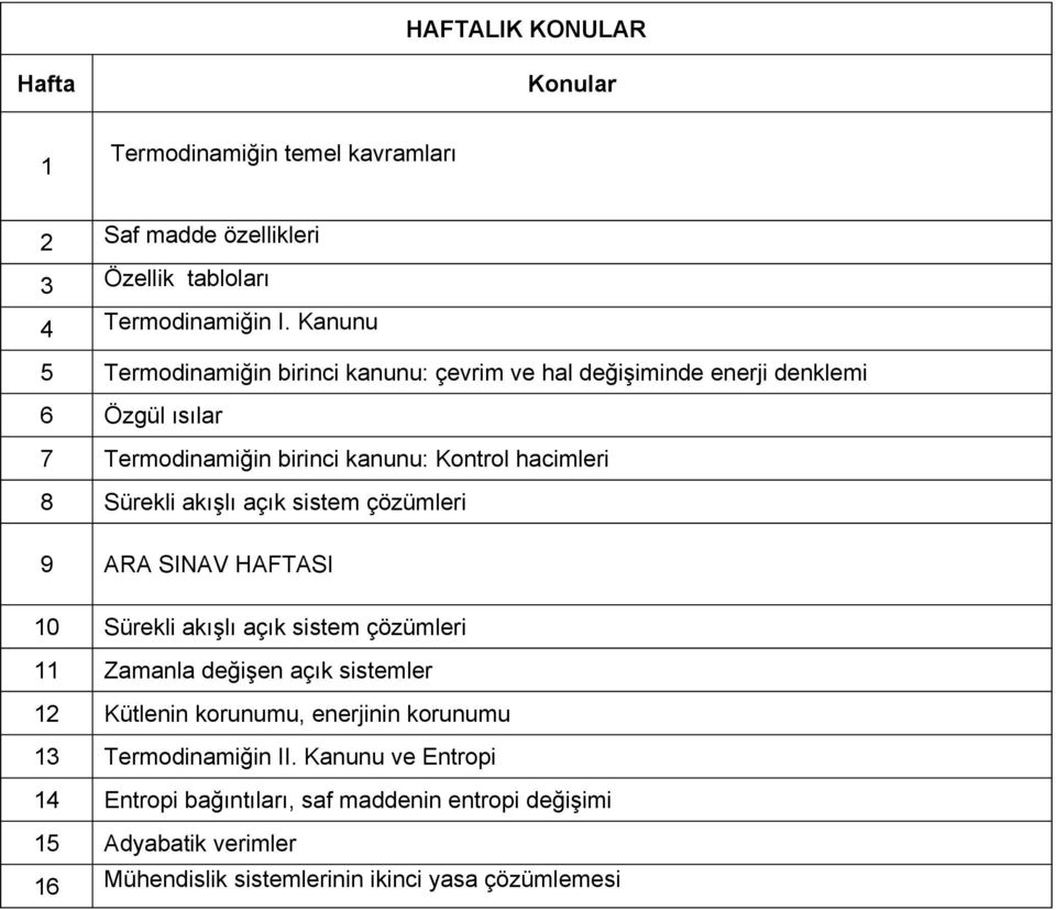 Sürekli akışlı açık sistem çözümleri 9 ARA SINAV HAFTASI 10 Sürekli akışlı açık sistem çözümleri 11 Zamanla değişen açık sistemler 12 Kütlenin korunumu,