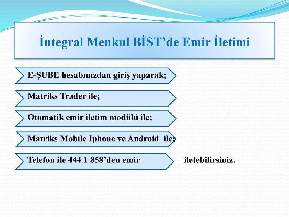 Otomatik emir iletim modülü ile; Matriks Mobile