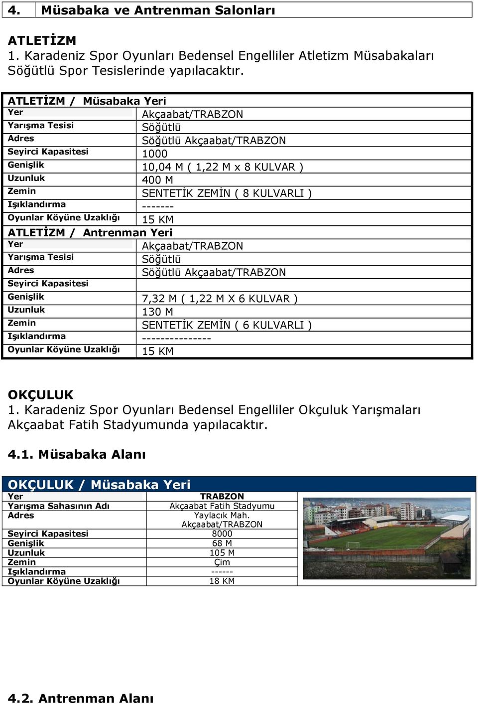 KULVARLI ) Işıklandırma ------- Oyunlar Köyüne Uzaklığı 15 KM / Antrenman Yeri Yer Akçaabat/TRABZON Yarışma Tesisi Söğütlü Adres Söğütlü Akçaabat/TRABZON Seyirci Kapasitesi Genişlik 7,32 M ( 1,22 M X