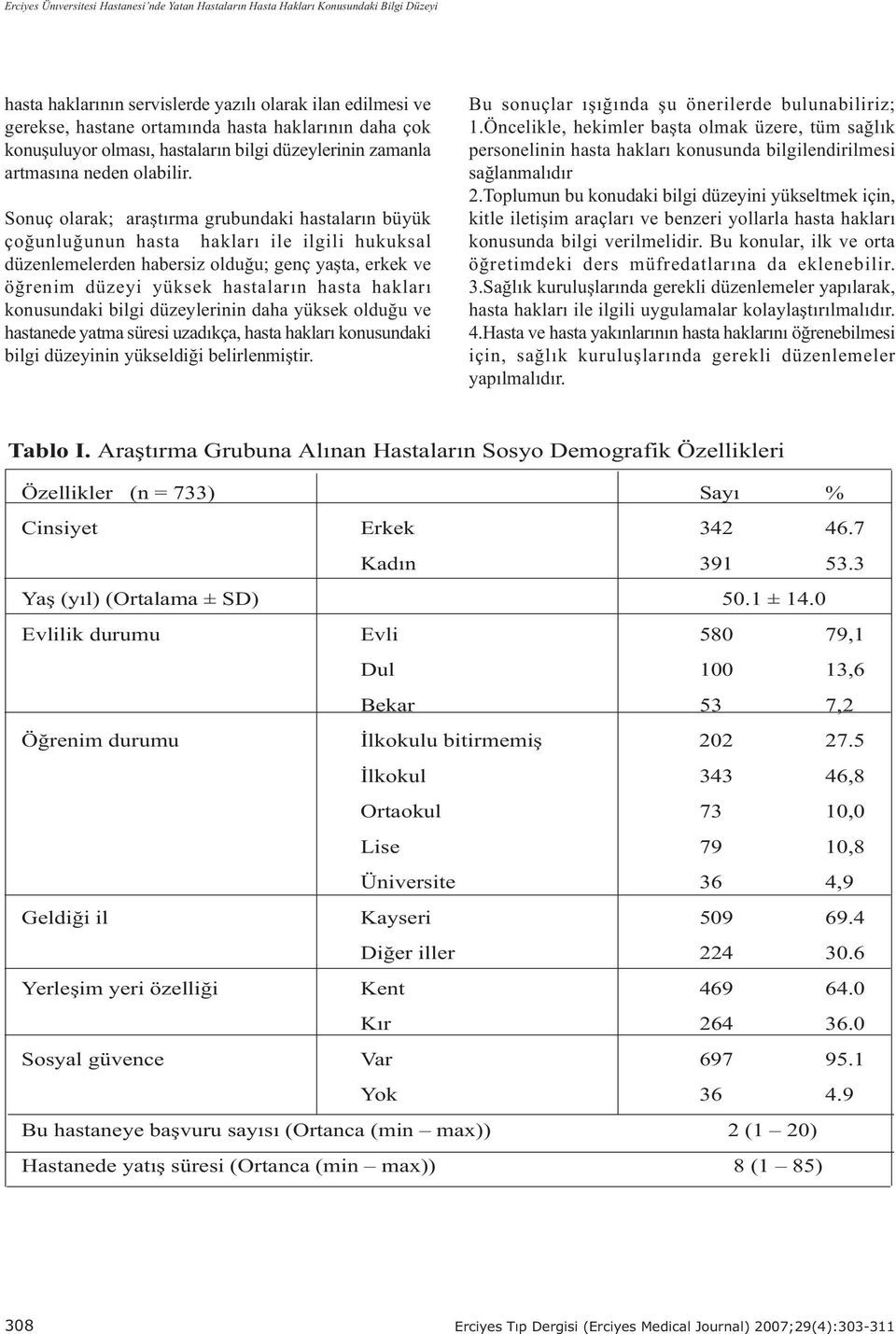 Sonuç olarak; araþtýrma grubundaki hastalarýn büyük çoðunluðunun hasta haklarý ile ilgili hukuksal düzenlemelerden habersiz olduðu; genç yaþta, erkek ve öðrenim düzeyi yüksek hastalarýn hasta haklarý