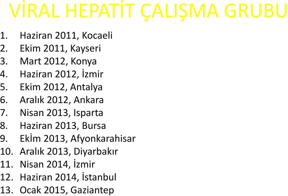 Aralık 2012, Ankara 7. Nisan 2013, Isparta 8. Haziran 2013, Bursa 9.