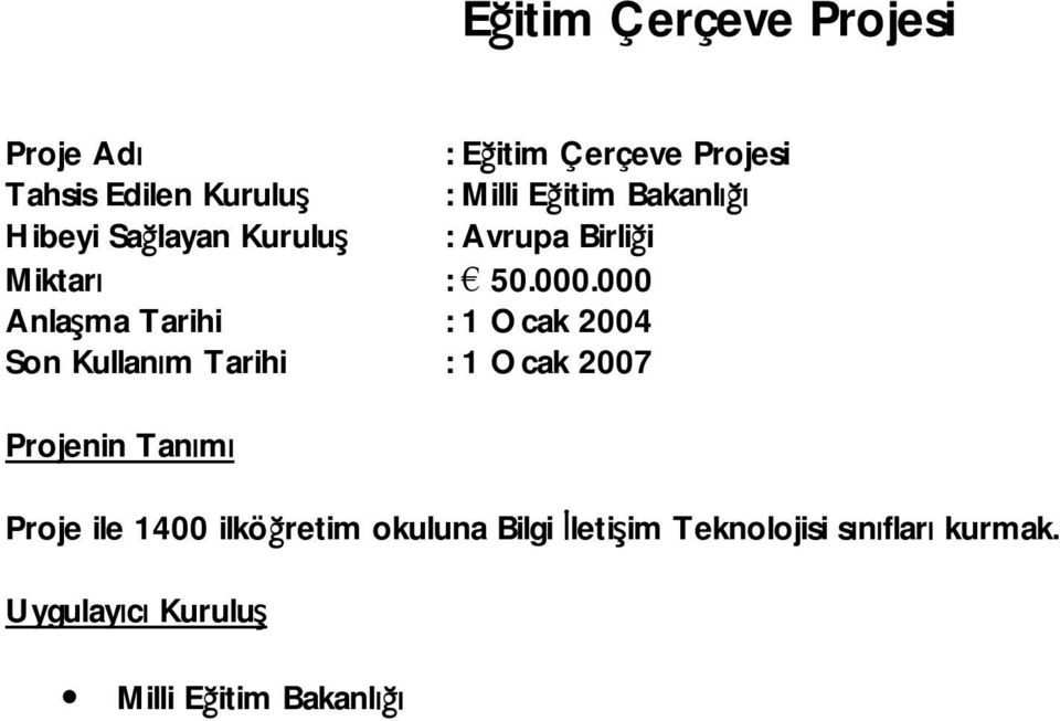 000 Anlaşma Tarihi : 1 Ocak 2004 Son Kullanım Tarihi : 1 Ocak 2007 Proje ile 1400