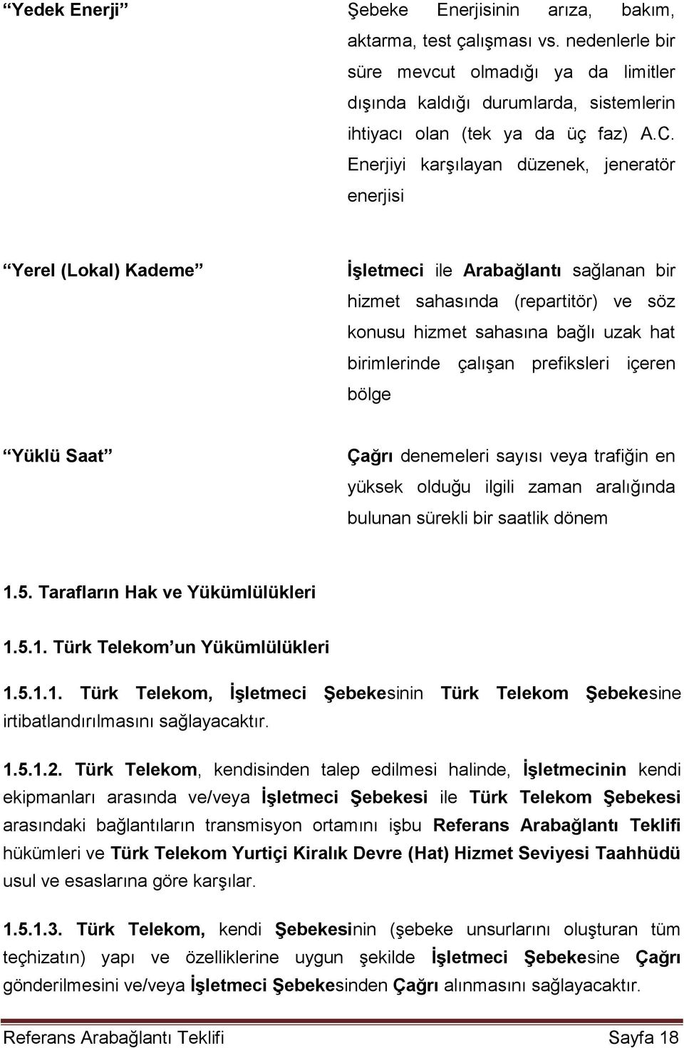 çalışan prefiksleri içeren bölge Yüklü Saat Çağrı denemeleri sayısı veya trafiğin en yüksek olduğu ilgili zaman aralığında bulunan sürekli bir saatlik dönem 1.5. Tarafların Hak ve Yükümlülükleri 1.5.1. Türk Telekom un Yükümlülükleri 1.
