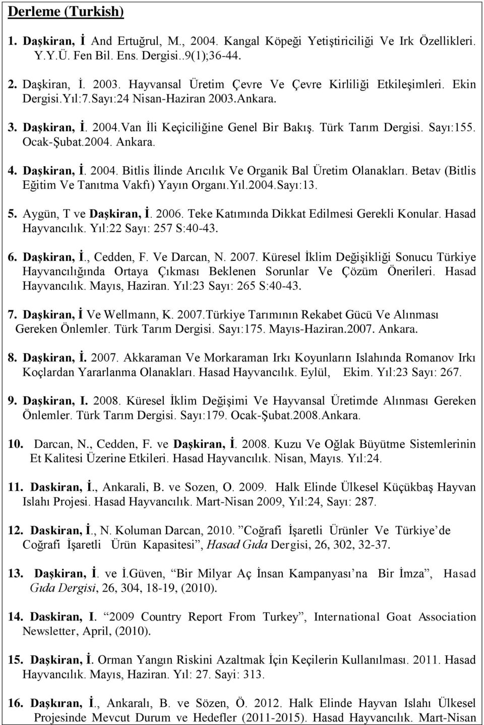 Ocak-Şubat.2004. Ankara. 4. Daşkiran, İ. 2004. Bitlis İlinde Arıcılık Ve Organik Bal Üretim Olanakları. Betav (Bitlis Eğitim Ve Tanıtma Vakfı) Yayın Organı.Yıl.2004.Sayı:13. 5.