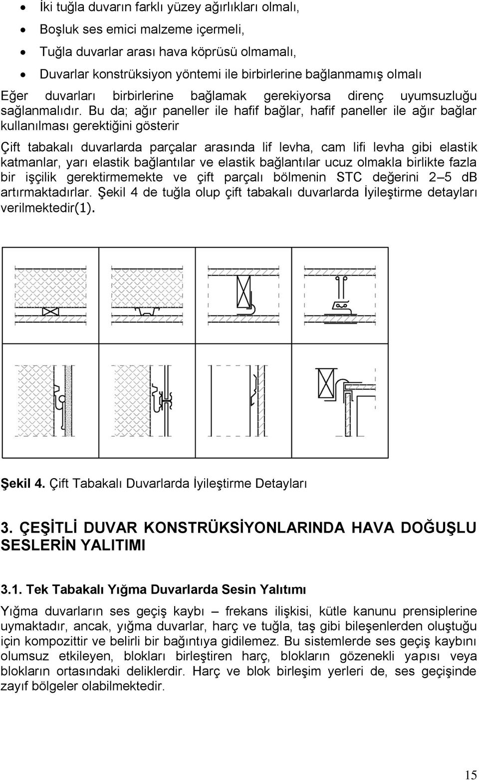 Bu da; ağır paneller ile hafif bağlar, hafif paneller ile ağır bağlar kullanılması gerektiğini gösterir Çift tabakalı duvarlarda parçalar arasında lif levha, cam lifi levha gibi elastik katmanlar,