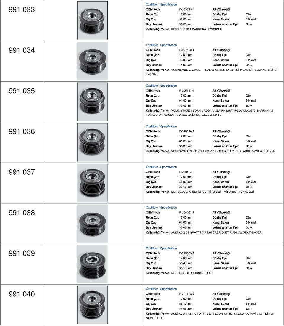 5 TDİ MUADİLİ RULMANLI KİLİTLİ OEM Kodu F-225653.6 Alt Yüksekliği Kullanıldığı Yerler : VOLKSWAGEN BORA,CADDY,GOLF,PASSAT POLO CLASSİC,SHARAN 1.9 TDİ-AUDİ A4-A6 SEAT CORDOBA,İBİZA,TOLEDO 1.