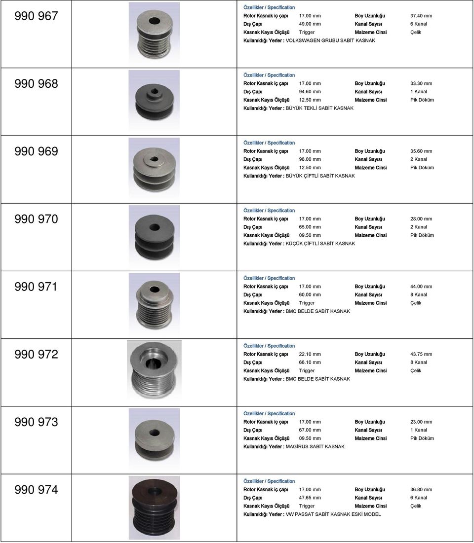 60 mm Dış Çapı 98.00 mm Kanal Sayısı 2 Kanal Kasnak Kayıs Ölçüşü 12.50 mm Malzeme Cinsi Pik Döküm Kullanıldığı Yerler : BÜYÜK ÇİFTLİ SABİT 990 970 Rotor Kasnak iç çapı 17.00 mm Boy Uzunluğu 28.