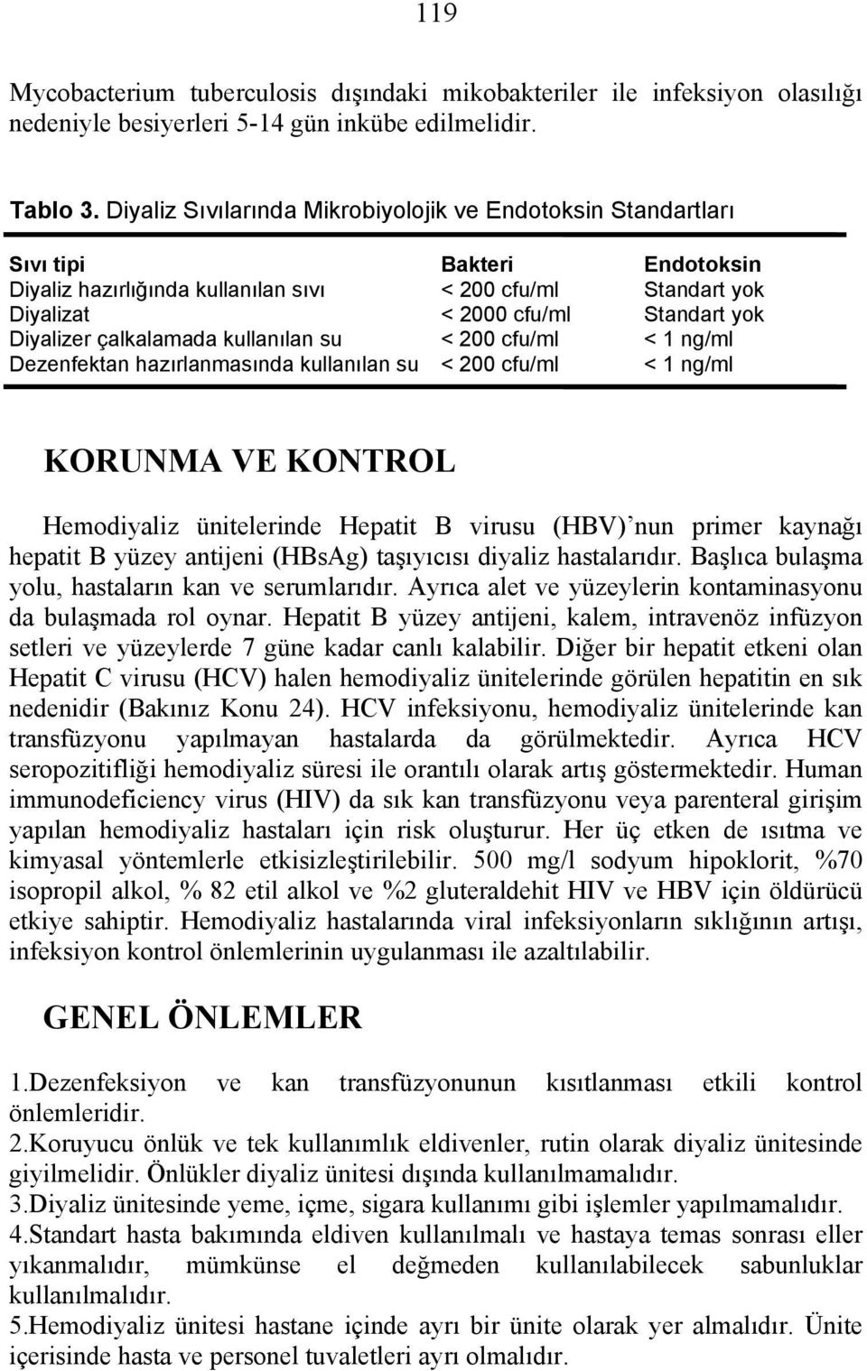 Diyalizer çalkalamada kullanılan su < 200 cfu/ml < 1 ng/ml Dezenfektan hazırlanmasında kullanılan su < 200 cfu/ml < 1 ng/ml KORUNMA VE KONTROL Hemodiyaliz ünitelerinde Hepatit B virusu (HBV) nun