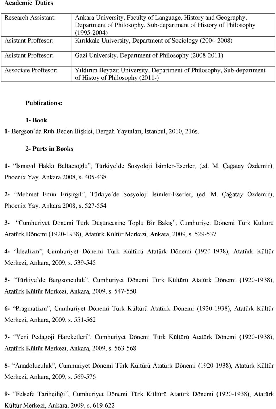 Philosophy, Sub-department of Histoy of Philosophy (2011-) Publications: 1- Book 1- Bergson da Ruh-Beden İlişkisi, Dergah Yayınları, İstanbul, 2010, 216s.