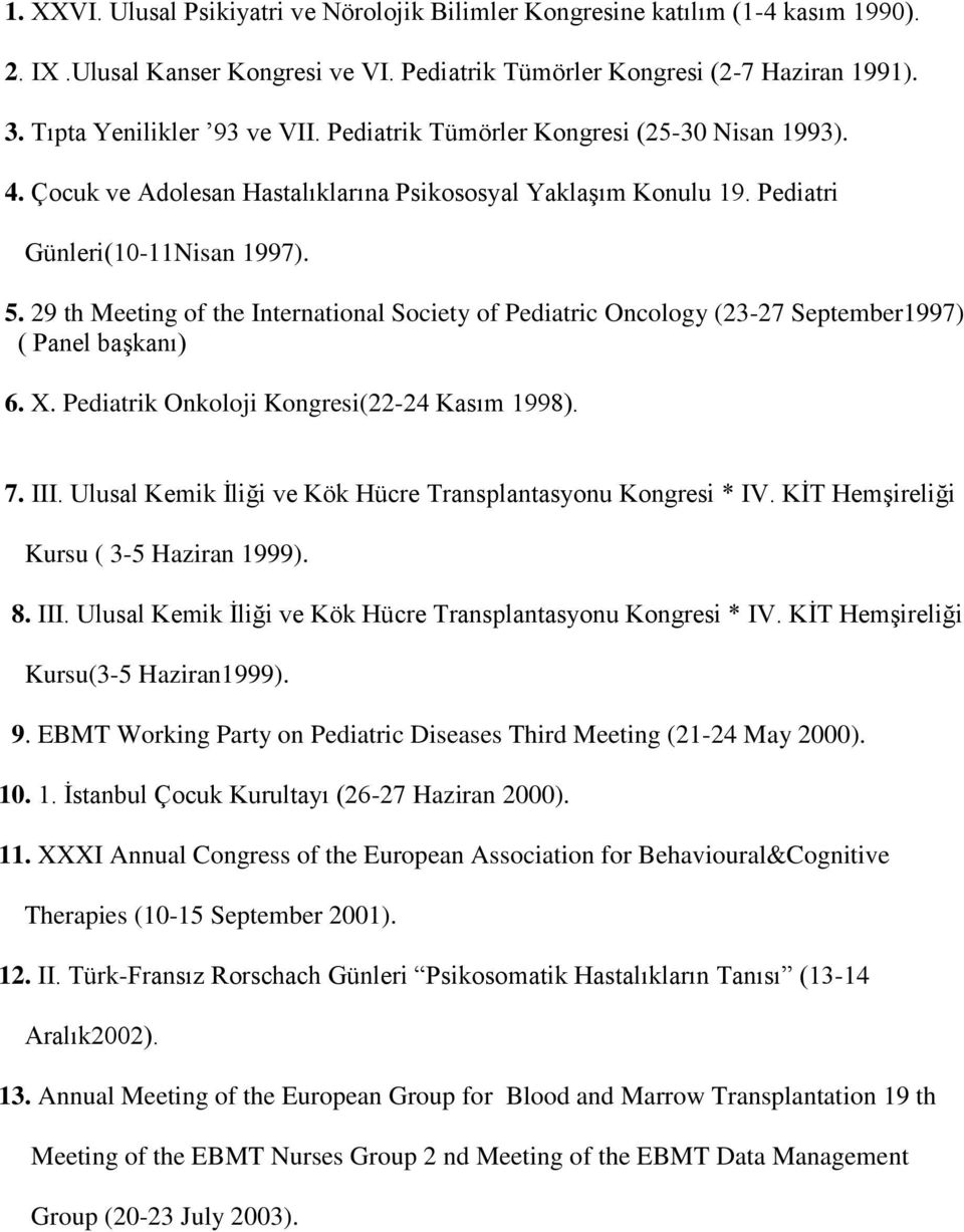 29 th Meeting of the International Society of Pediatric Oncology (23-27 September1997) ( Panel başkanı) 6. X. Pediatrik Onkoloji Kongresi(22-24 Kasım 1998). 7. III.