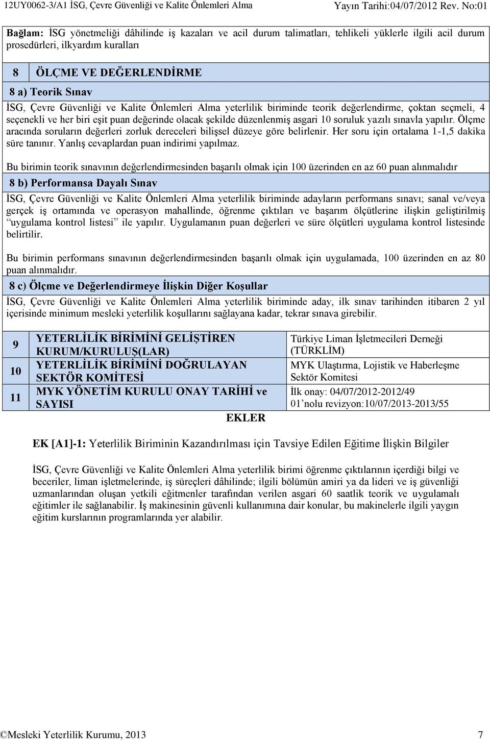 Çevre Güvenliği ve Kalite Önlemleri Alma yeterlilik biriminde teorik değerlendirme, çoktan seçmeli, 4 seçenekli ve her biri eşit puan değerinde olacak şekilde düzenlenmiş asgari 10 soruluk yazılı