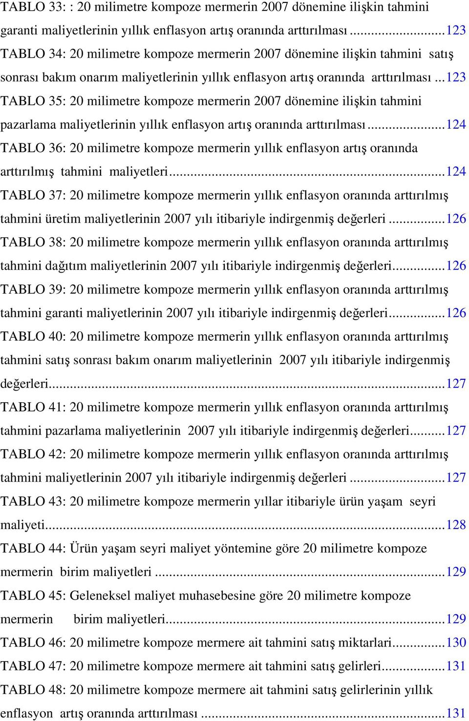 ..123 TABLO 35: 20 milimetre kompoze mermerin 2007 dönemine ilişkin tahmini pazarlama maliyetlerinin yıllık enflasyon artış oranında arttırılması.
