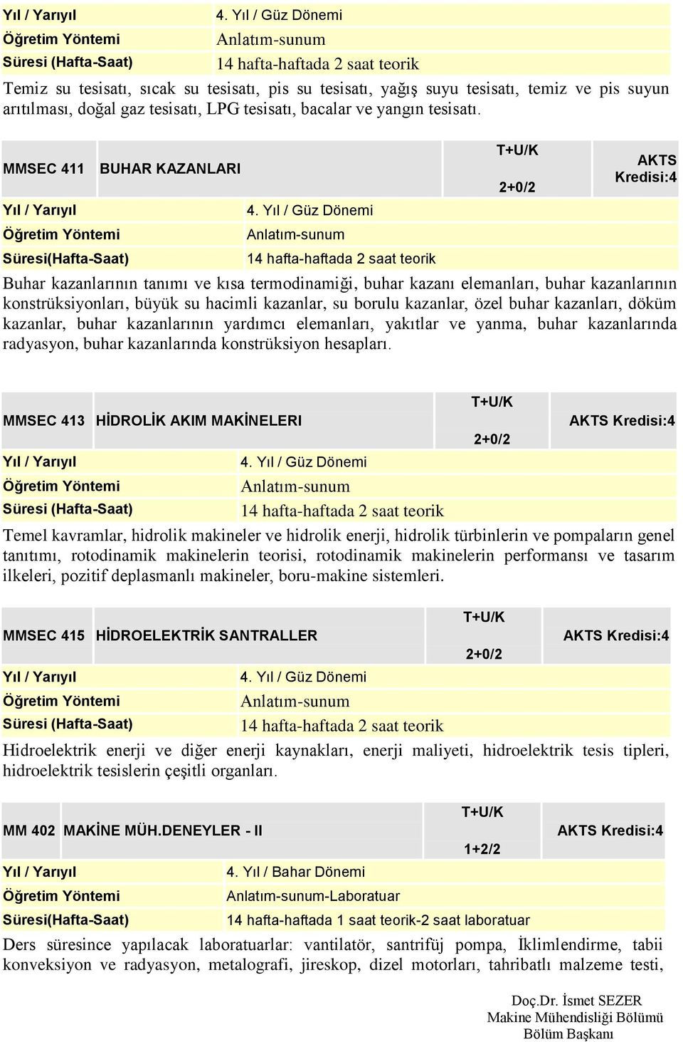 özel buhar kazanları, döküm kazanlar, buhar kazanlarının yardımcı elemanları, yakıtlar ve yanma, buhar kazanlarında radyasyon, buhar kazanlarında konstrüksiyon hesapları.