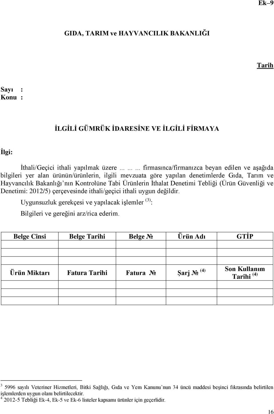 Ürünlerin İthalat Denetimi Tebliği (Ürün Güvenliği ve Denetimi: 2012/5) çerçevesinde ithali/geçici ithali uygun değildir.