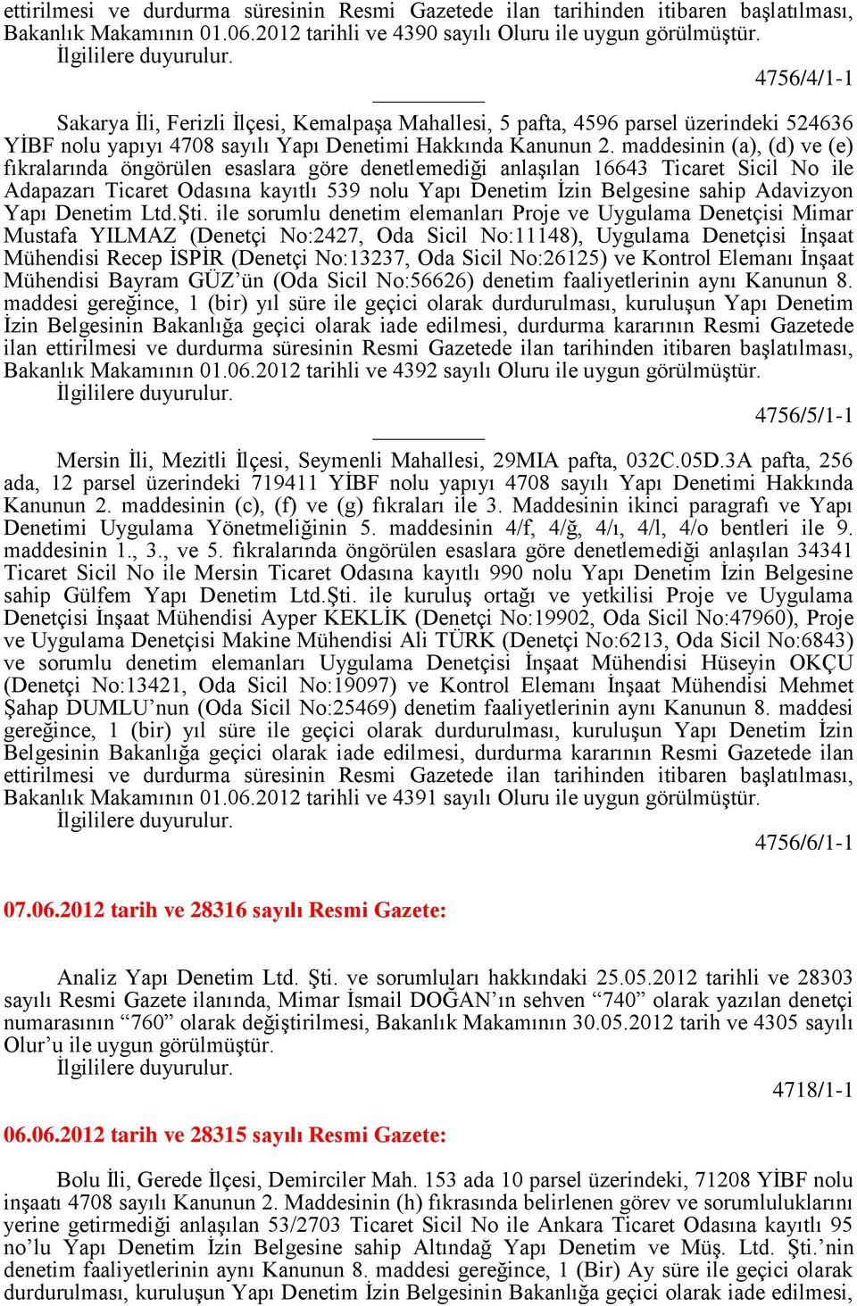 maddesinin (a), (d) ve (e) fıkralarında öngörülen esaslara göre denetlemediği anlaşılan 16643 Ticaret Sicil No ile Adapazarı Ticaret Odasına kayıtlı 539 nolu Yapı Denetim İzin Belgesine sahip