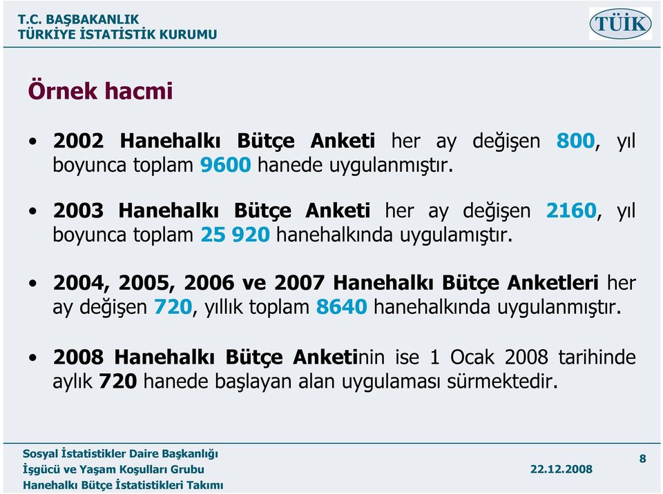 2004, 2005, 2006 ve 2007 Hanehalkı Bütçe Anketleri her ay değişen 720, yıllık toplam8640 hanehalkında