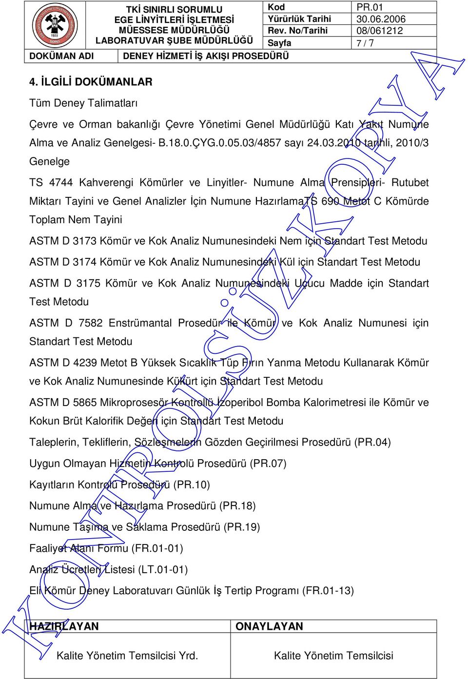 2010 tarihli, 2010/3 Genelge TS 4744 Kahverengi Kömürler ve Linyitler- Numune Alma Prensipleri- Rutubet Miktarı Tayini ve Genel Analizler İçin Numune HazırlamaTS 690 Metot C Kömürde Toplam Nem Tayini