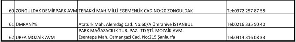 No:60/A Ümraniye İSTANBUL Tel:0216 335 50 40 PARK MAĞAZACILIK TUR. PAZ.