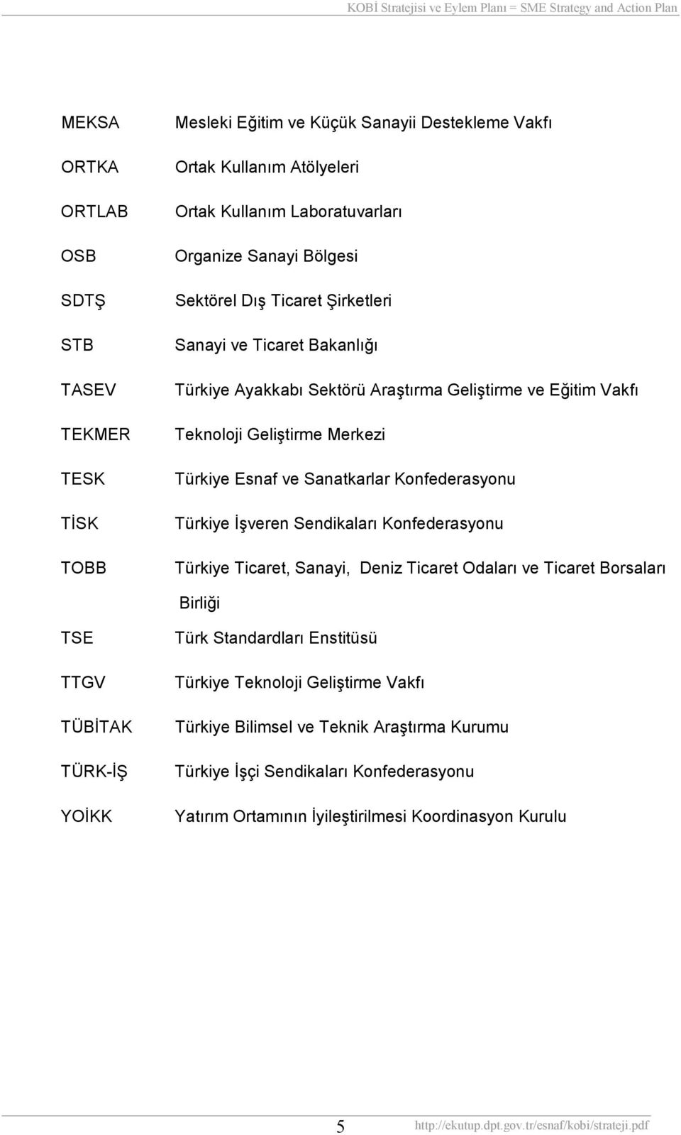 Sanatkarlar Konfederasyonu Türkiye İşveren Sendikalarõ Konfederasyonu Türkiye Ticaret, Sanayi, Deniz Ticaret Odalarõ ve Ticaret Borsalarõ Birliği TSE TTGV TÜBİTAK TÜRK-İŞ YOİKK Türk