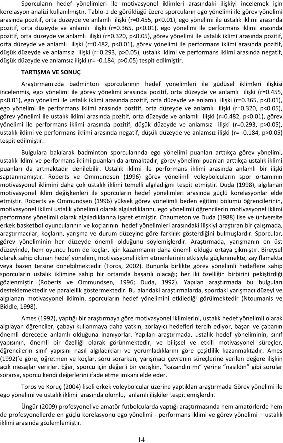 01), ego yönelimi ile ustalık iklimi arasında pozitif, orta düzeyde ve anlamlı ilişki (r=0.365, p<0.01), ego yönelimi ile performans iklimi arasında pozitif, orta düzeyde ve anlamlı ilişki (r=0.