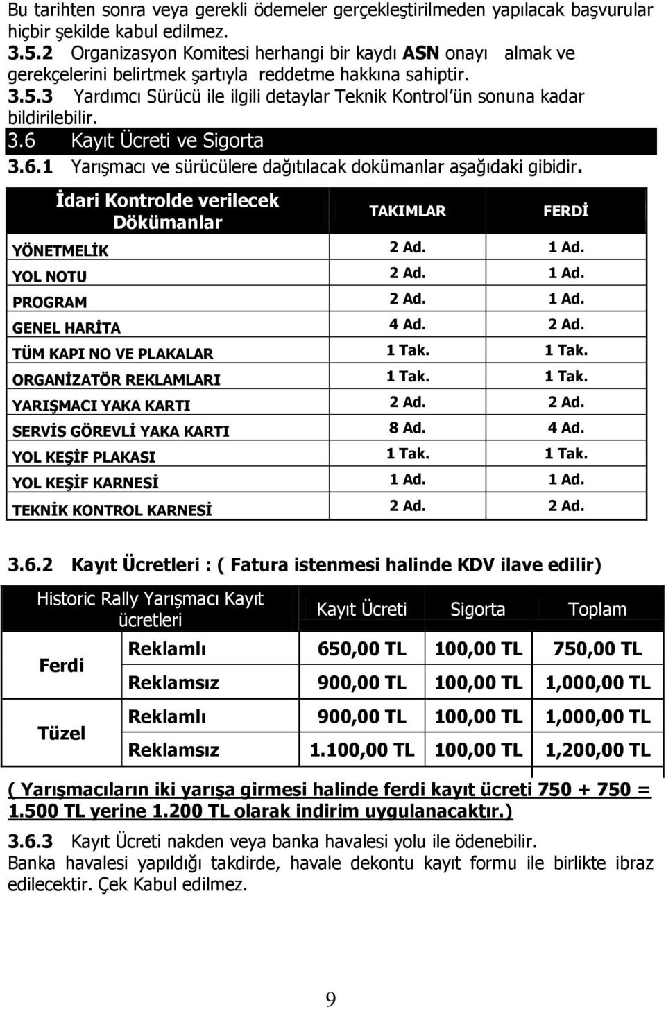 3 Yardımcı Sürücü ile ilgili detaylar Teknik Kontrol ün sonuna kadar bildirilebilir. 3.6 Kayıt Ücreti ve Sigorta 3.6.1 Yarışmacı ve sürücülere dağıtılacak dokümanlar aşağıdaki gibidir.