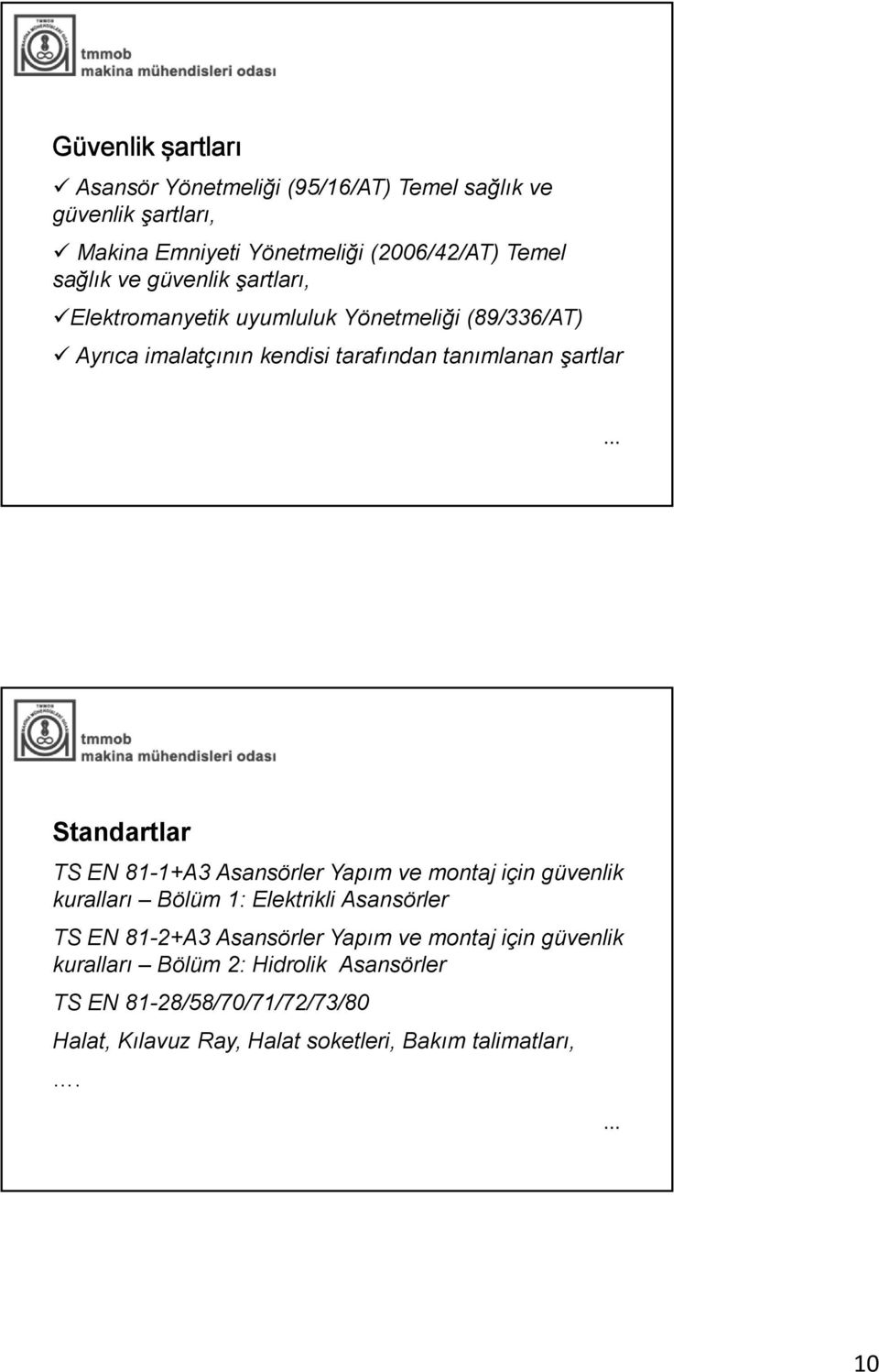 Standartlar TS EN 81-1+A3 Asansörler Yapım ve montaj için güvenlik kuralları Bölüm 1: Elektrikli Asansörler TS EN 81-2+A3 Asansörler Yapım