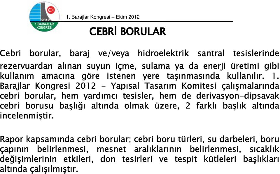 Barajlar Kongresi 2012 - Yapısal Tasarım Komitesi çalışmalarında cebri borular, hem yardımcı tesisler, hem de derivasyon-dipsavak cebri borusu başlığı