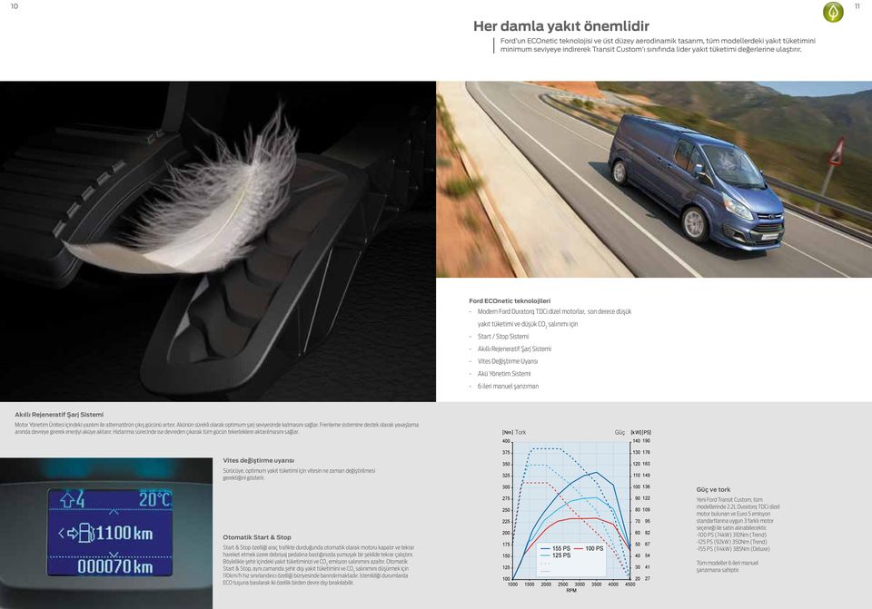 Ford ECOnetic teknolojileri - Modern Ford Duratorq TDCi dizel motorlar, son derece düşük yakıt tüketimi ve düşük CO 2 salınımı için - Start / Stop Sistemi - Akıllı Rejeneratif Şarj Sistemi - Vites