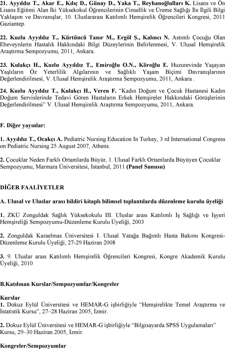 Uluslararası Katılımlı Hemşirelik Öğrencileri Kongresi, 2011 Gaziantep. 22. Kuzlu Ayyıldız T., Kürtüncü Tanır M., Ergöl Ş., Kalıncı N.