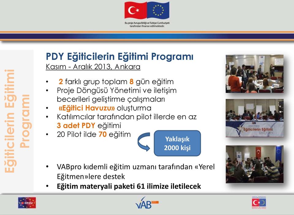 oluşturma Katılımcılar tarafından pilot illerde en az 3 adet PDY eğitimi 20 Pilot ilde 70 eğitim Yaklaşık