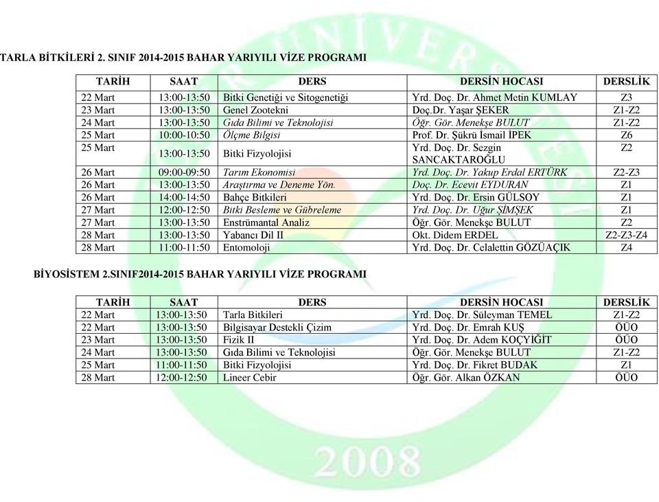 Doç. Dr. Ecevit EYDURAN Z1 26 Mart 14:00-14:50 Bahçe Bitkileri Yrd. Doç. Dr. Ersin GÜLSOY Z1 27 Mart 12:00-12:50 Bitki Besleme ve Gübreleme Yrd. Doç. Dr. Uğur ŞİMŞEK Z1 27 Mart 13:00-13:50 Enstrümantal Analiz Öğr.