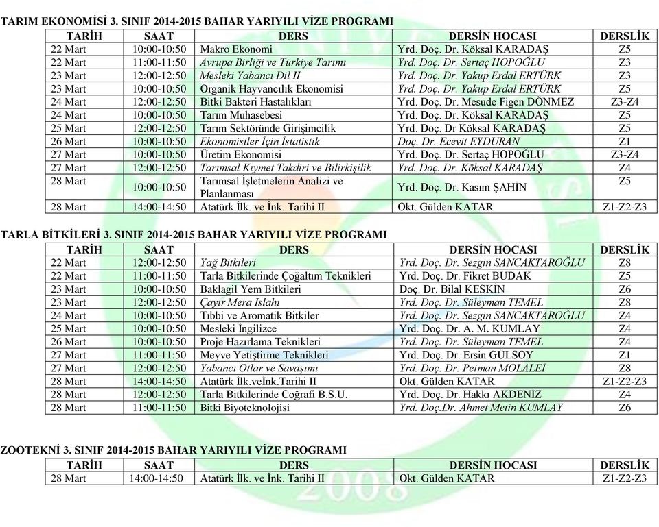 Doç. Dr. Köksal KARADAŞ Z5 25 Mart 12:00-12:50 Tarım Sektöründe Girişimcilik Yrd. Doç. Dr Köksal KARADAŞ Z5 26 Mart 10:00-10:50 Ekonomistler İçin İstatistik Doç. Dr. Ecevit EYDURAN Z1 27 Mart 10:00-10:50 Üretim Ekonomisi Yrd.