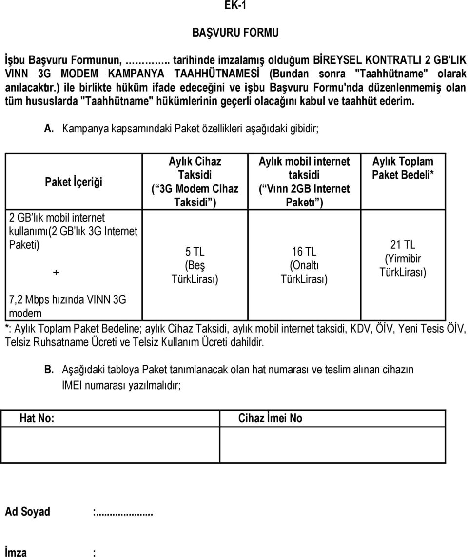 Kampanya kapsamındaki Paket özellikleri aşağıdaki gibidir; Paket İçeriği 2 GB lık mobil internet kullanımı(2 GB lık 3G Internet Paketi) + Aylık Cihaz Taksidi ( 3G Modem Cihaz Taksidi ) 5 TL (Beş